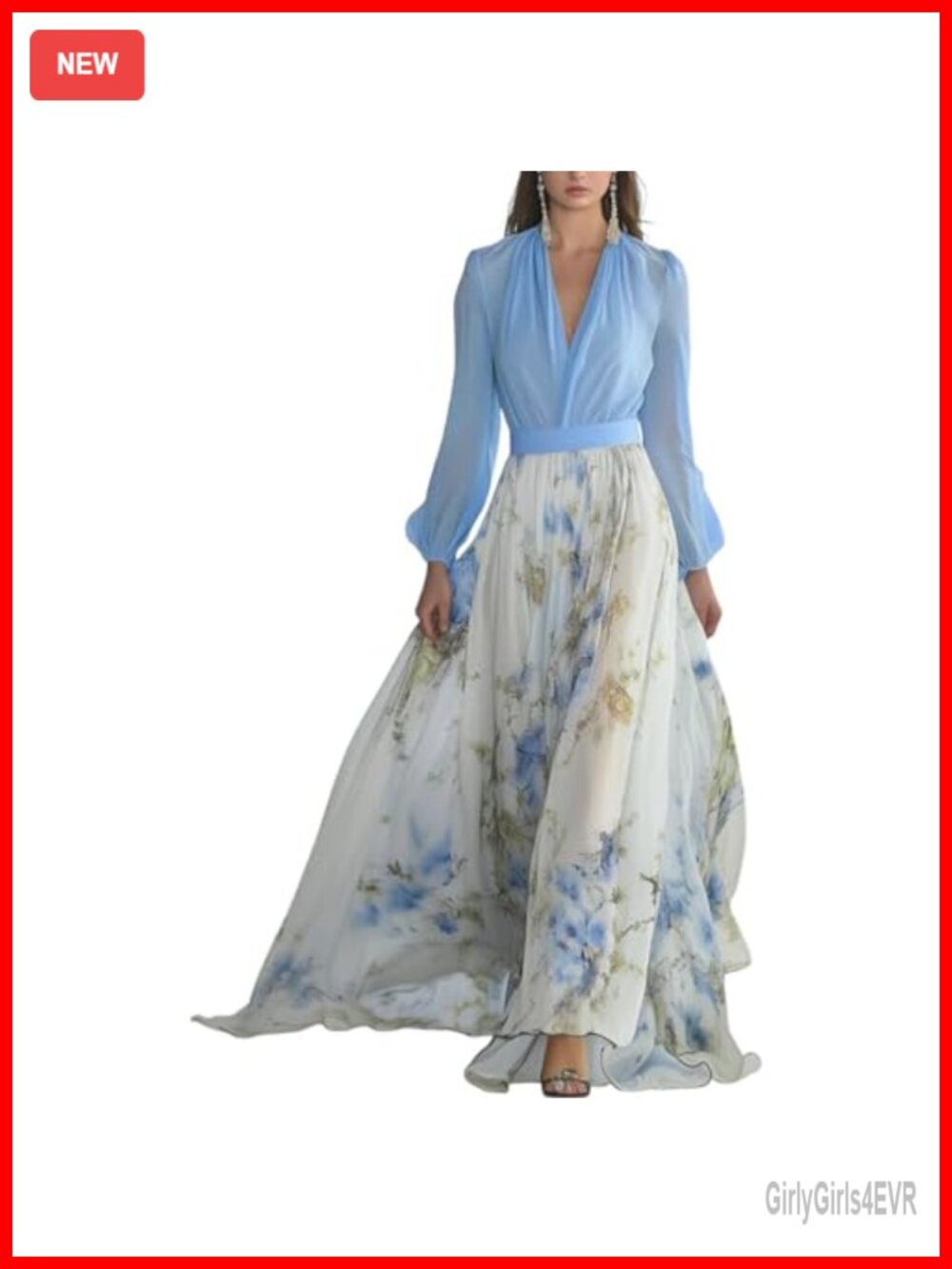 Chiffon Long Sleeve Floral Boho Empire Waist Maxi Wedding Guest Dress